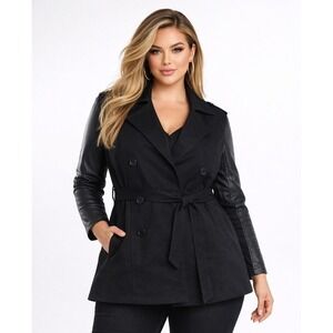 Torrid Trench Coat Women Size 0 Black Faux Leather Sleeve Double Breasted Belted